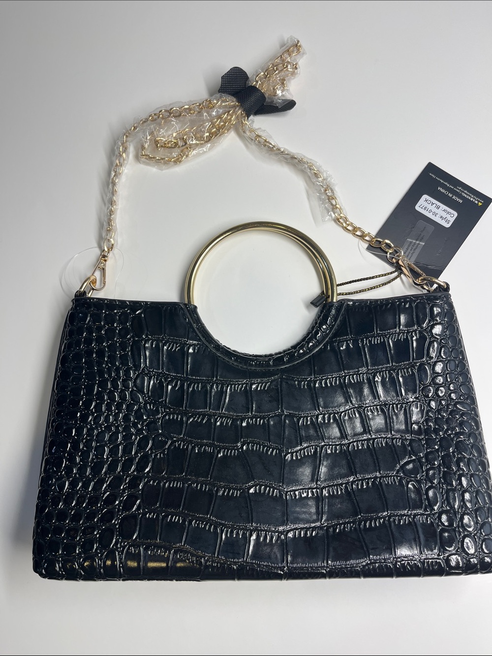 Imoshion Black Croc-Embossed Clutch with Gold Ring Handle - Picture 9 of 10